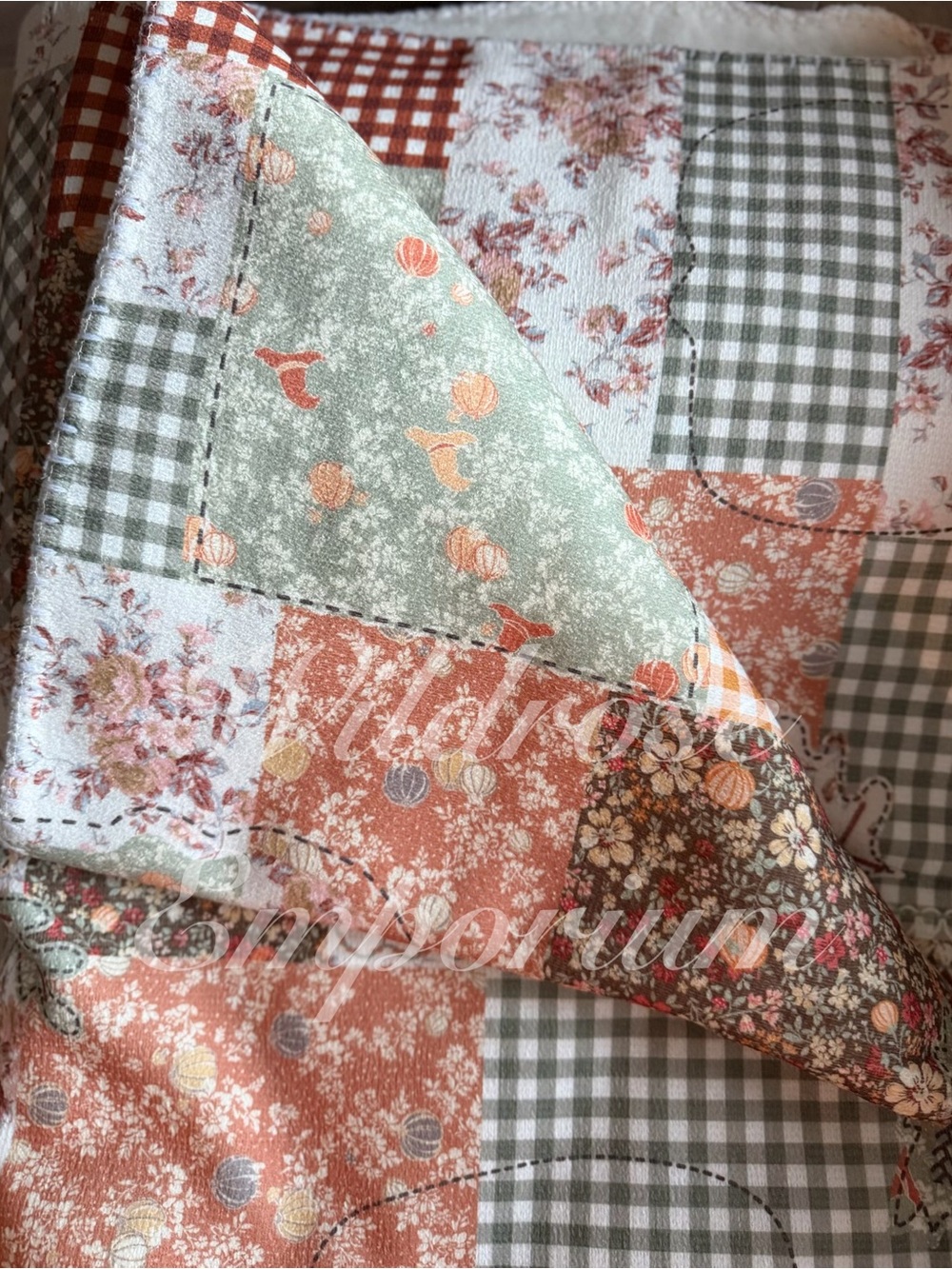 Shabby Chic farmhouse Harvest Pumpkin patchwork fall Chenille Faux Fur throw NWT - Picture 5 of 9